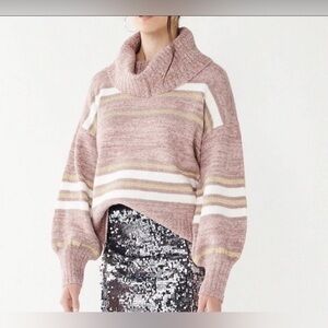 Nine West Stripe Cowl Neck Sweater Women's L Balloon Sleeves Metallic Gold